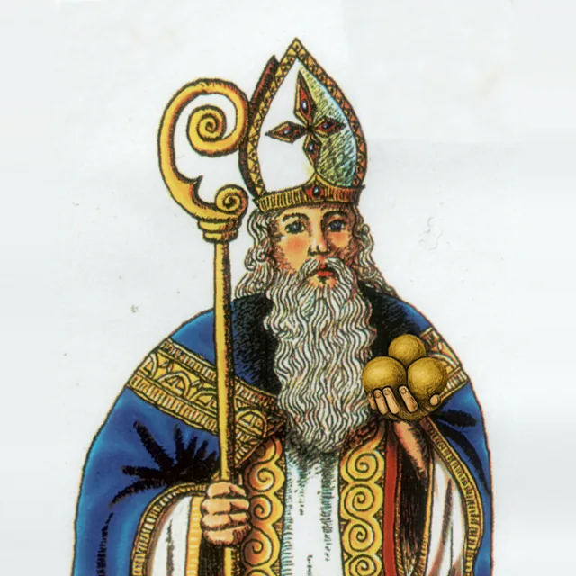 Illustration des heiligen Nikolaus mit Mitra, Bischofsstab und drei goldenen Kugeln